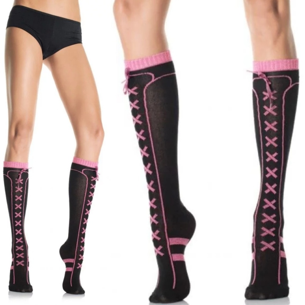 Faux Lace Up Knee High Socks Punk Clothing Pink